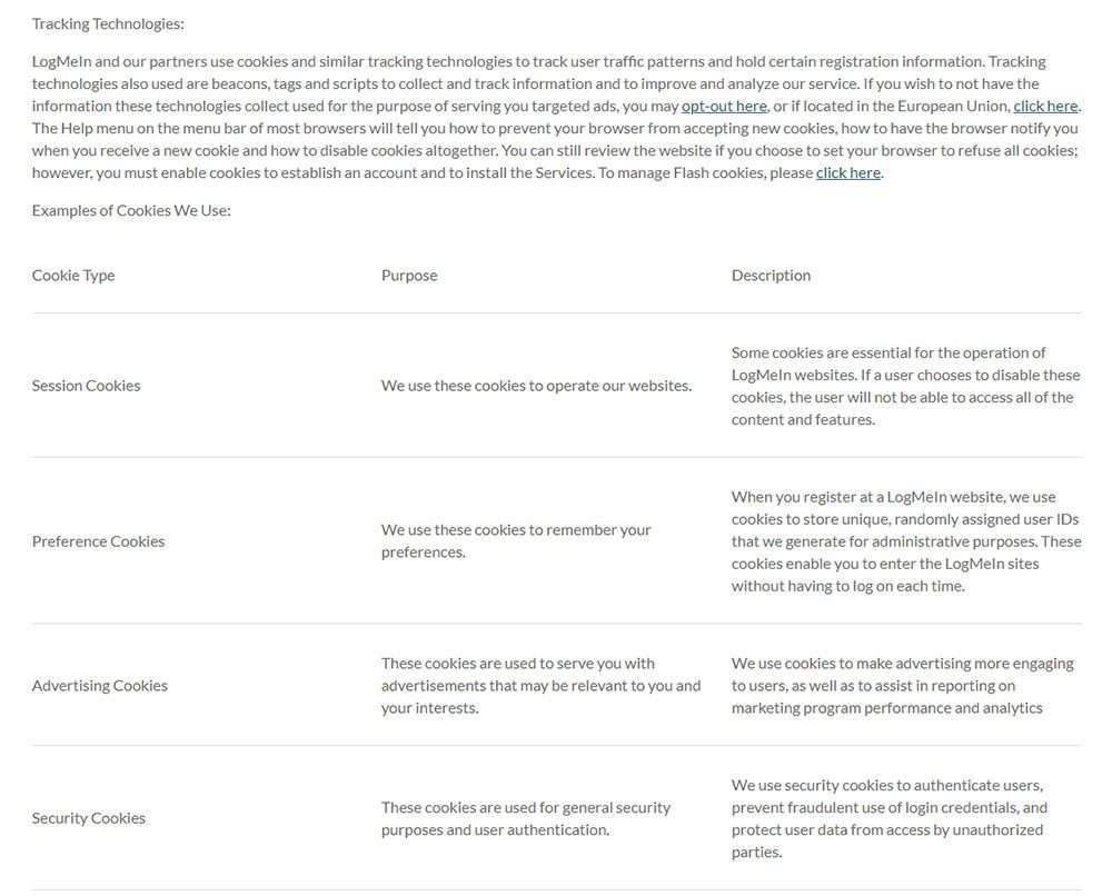 LogMeIn Privacy Policy: Tracking Technologies clause discussing cookies