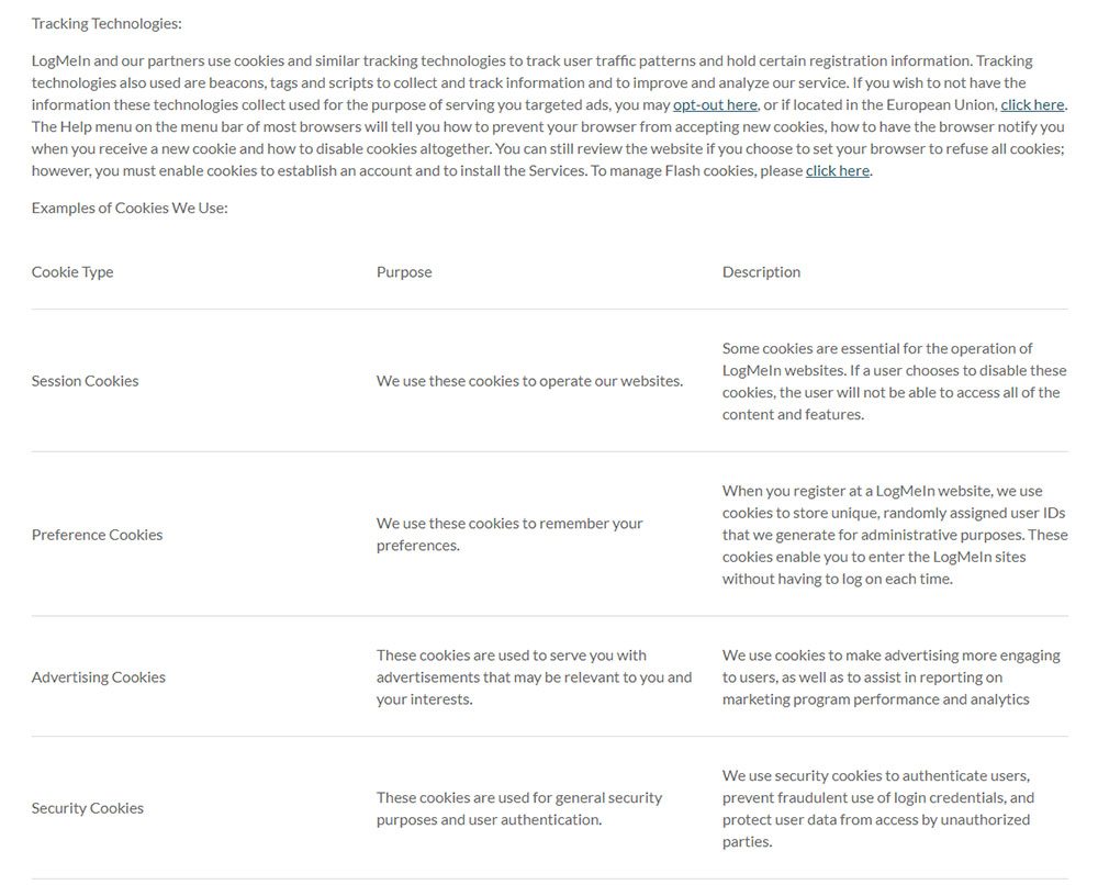 LogMeIn Privacy Policy: Tracking Technologies clause discussing cookies