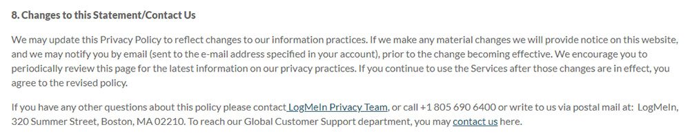 LogMeIn Privacy Policy Updates to Policy clause
