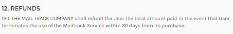 The Mail Track Company Terms and Conditions: Refunds clause