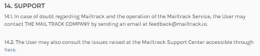 The Mail Track Company Terms and Conditions: Support clause