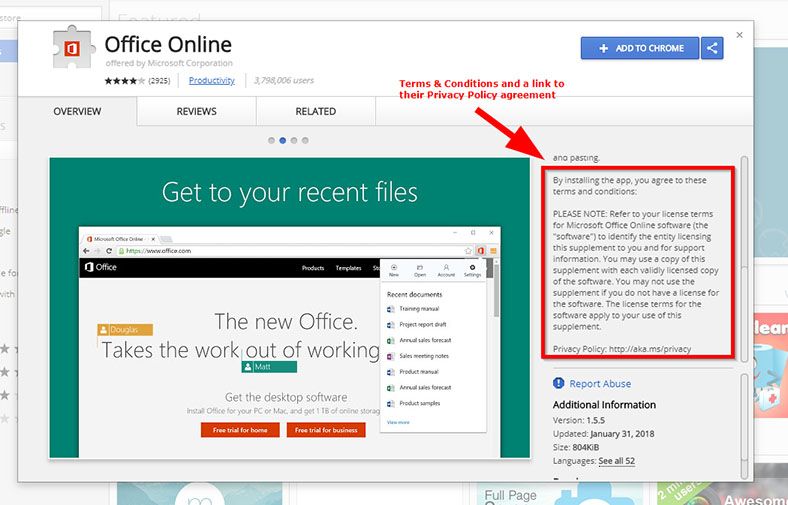 Microsoft Office Online Chrome Extension: Agree to Terms by installing app