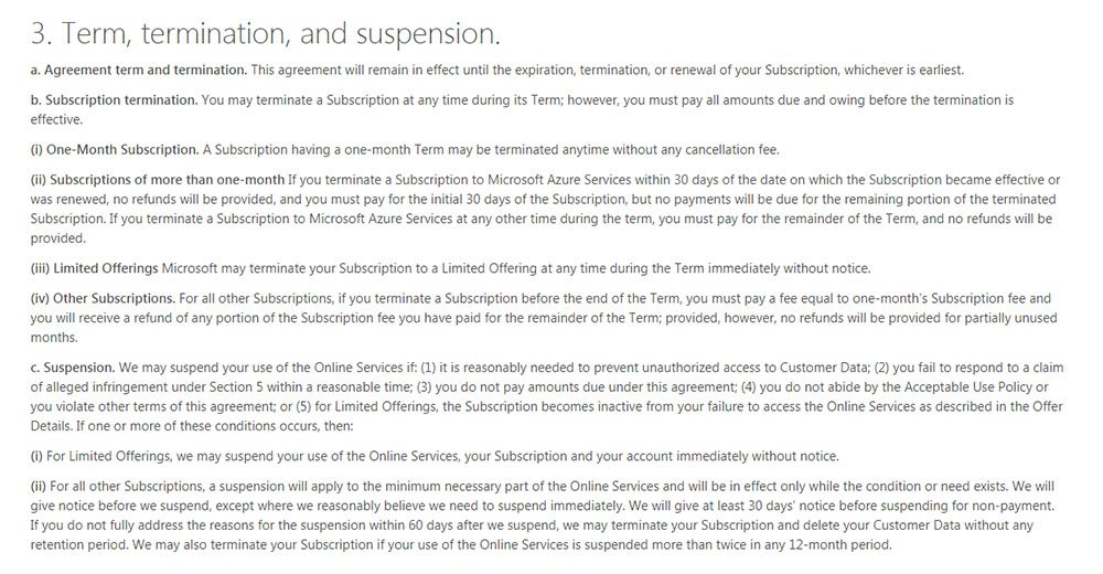 Microsoft Azure: Refunds on subscription termination clause