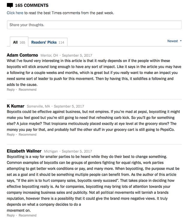 Screenshot of comment section on a New York Times article