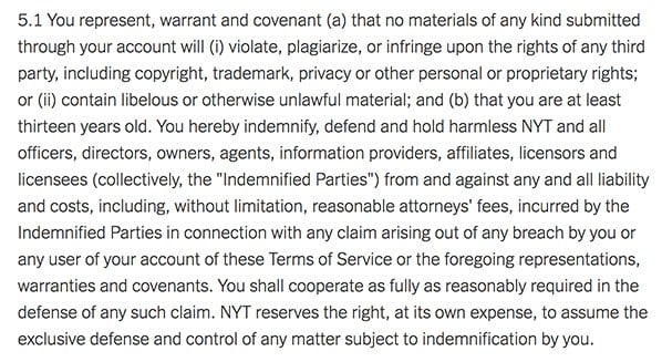 New York Times Terms of Service: Copyright Infringement clause