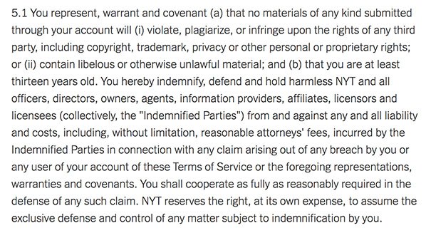 New York Times Terms of Service: Copyright Infringement clause