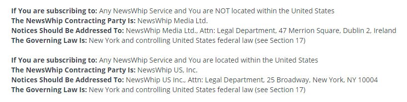 NewsWhip Terms and Conditions: Governing Law clause
