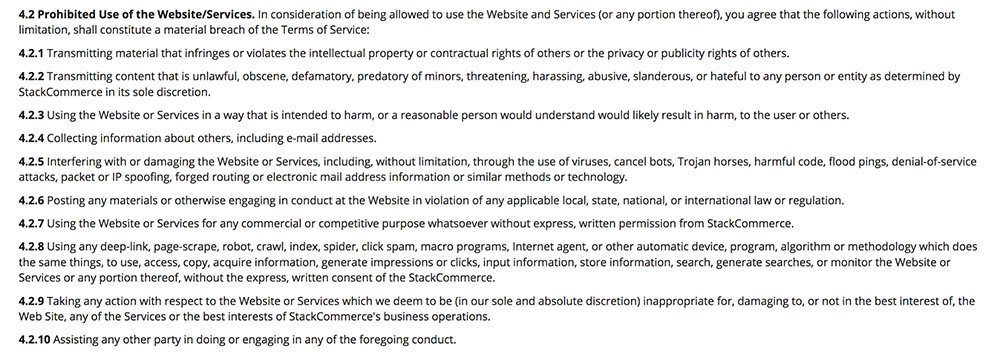 StackCommerce Terms of Use: Prohibited Use clause