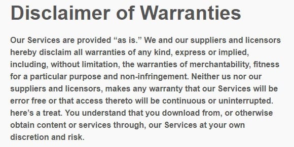 Text Blaze Terms of Service: Disclaimer of Warranties clause