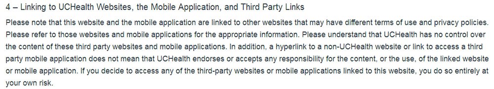 UCHealth Disclaimer and Terms of Use: Third Party Links clause