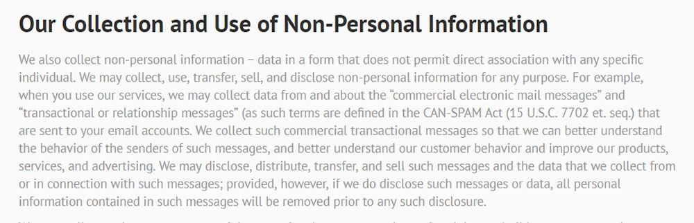 Unroll.me Privacy Policy: Our Collection and Use of Non-Personal Information clause