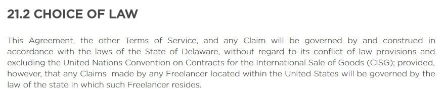 Upwork Terms and Conditions: Choice of Law clause