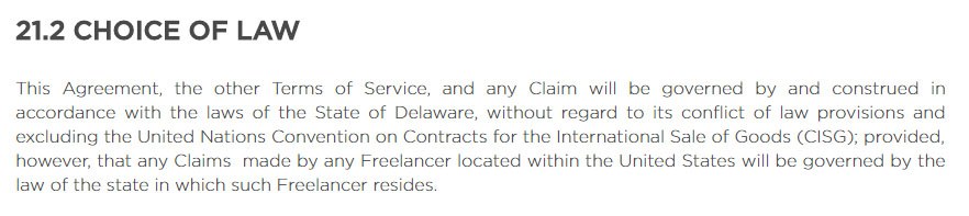 Upwork Terms and Conditions: Choice of Law clause
