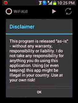 WiFiKill mobile app disclaimer pop-up
