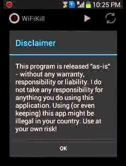 WiFiKill mobile app disclaimer pop-up