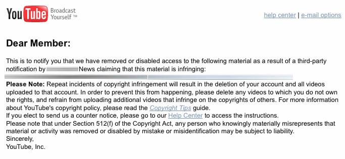 YouTube DMCA complaint response email