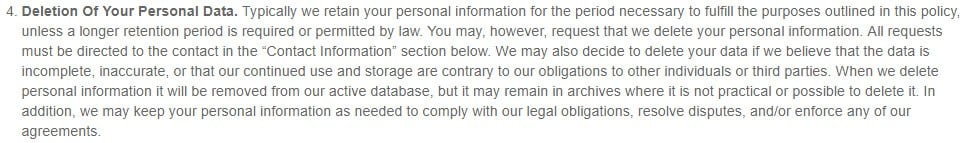Bed, Bath and Beyond Privacy Policy: Your Choices clause, section 4