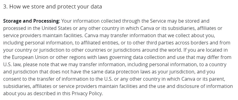 Canva Privacy Policy: How we store and protect your data: Storage and Processing clause