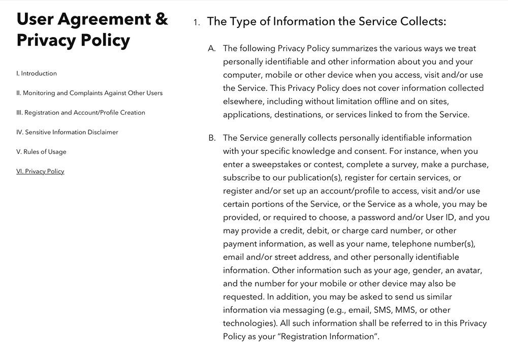 Conde Nast Glamour User Agreement and Privacy Policy: The Type of Information the Service Collects clause