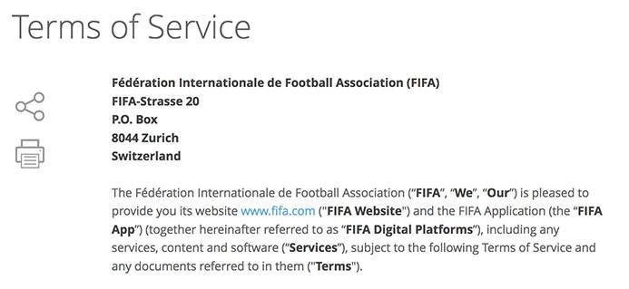 FIFA Terms of Service: Intro clause with contact information