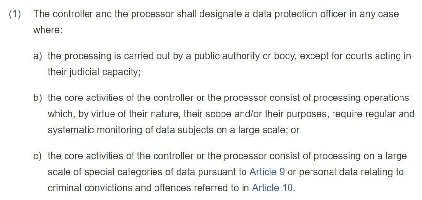 GDPR Article 37: Designation of the data protection officer - section 1