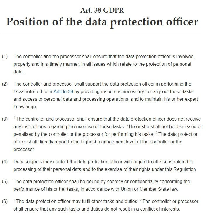 GDPR Article 38: Position of the data protection officer