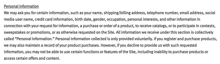 Herman Miller Privacy Policy: Personal Information clause