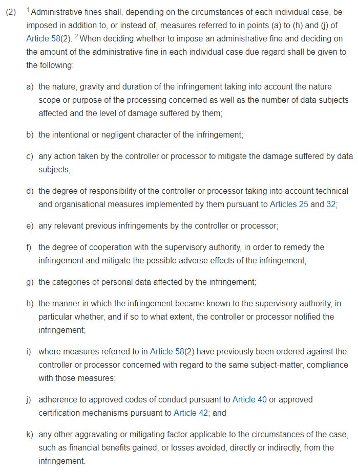 Intersoft Consulting: GDPR Article 83 Section 2: General Conditions for Imposing Administrative Fines