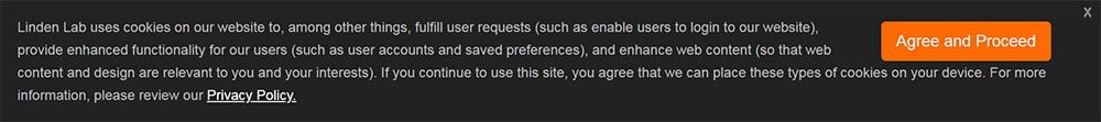 Linden Lab cookies notice with active consent: Agree and Proceed
