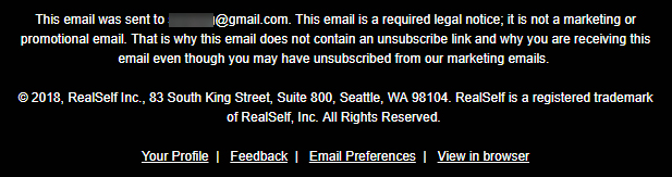 RealSelf legal notice email with no unsubscribe link