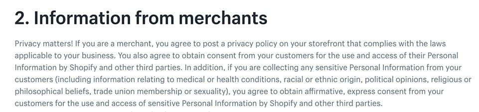 Shopify Privacy Policy: Information from merchants clause