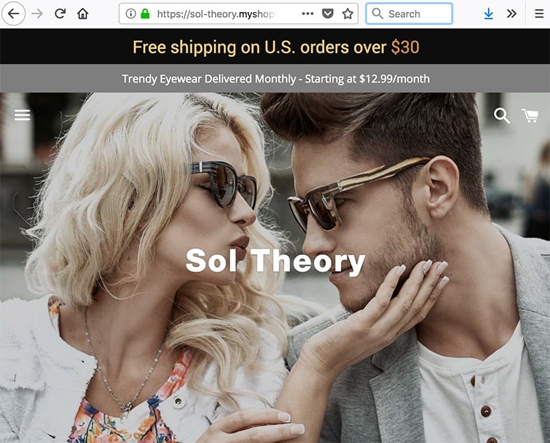 Screenshot of Sol Theory homepage: A Shopify subdomain ecommerce store