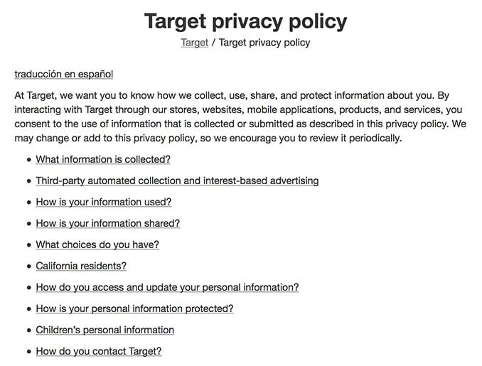 Target Privacy Policy: Intro with links list