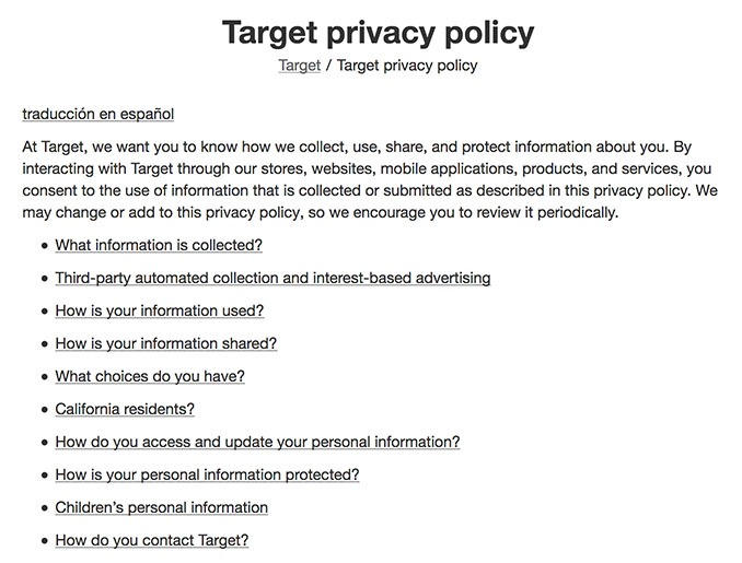 Target Privacy Policy: Intro with links list