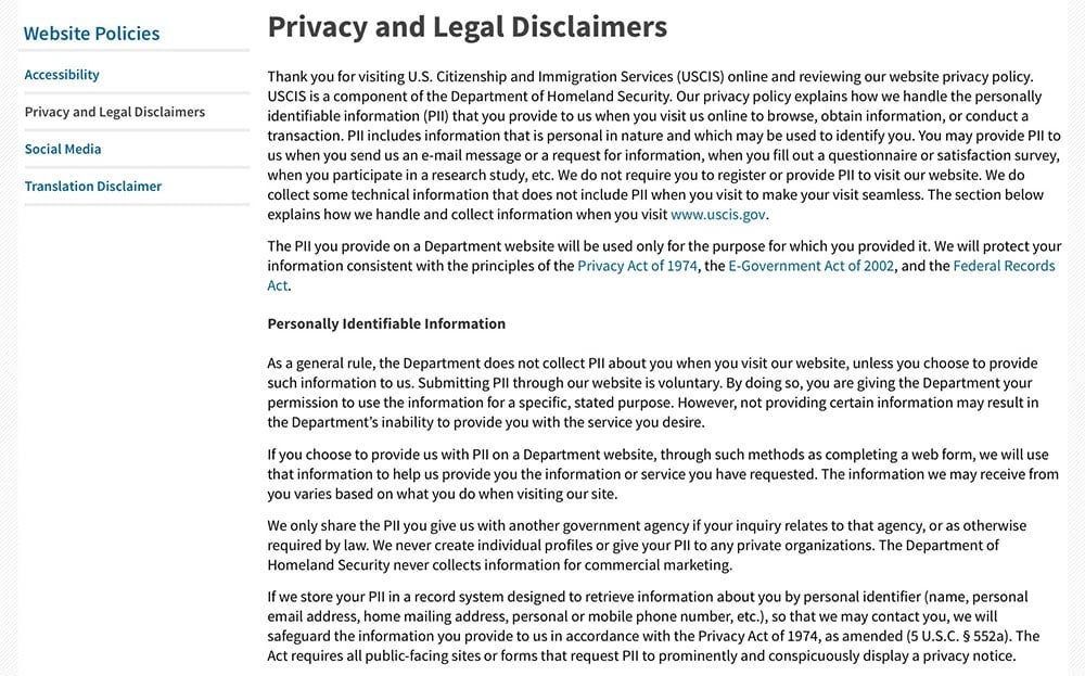 USA Citizen and Immigration Services Privacy and Legal Disclaimers: Screenshot of intro