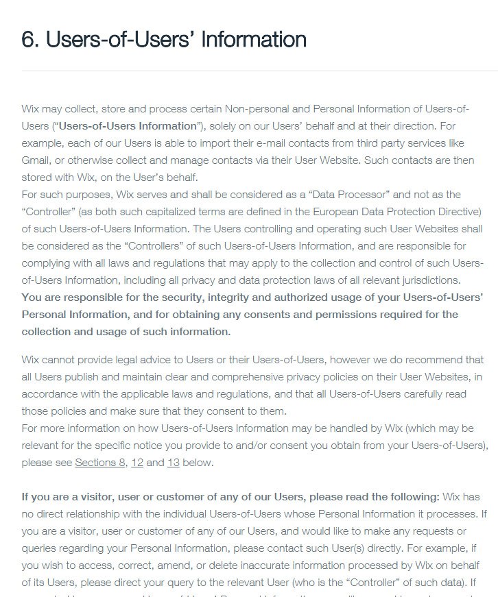 Wix Privacy Policy: Users-of-Users&#039; Information clause