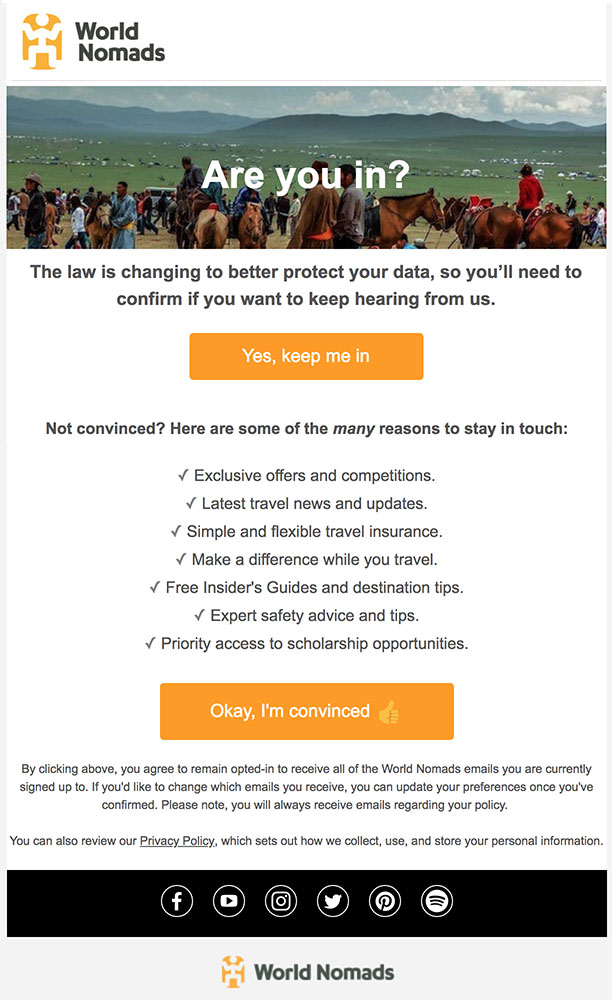 World Nomads email for GDPR re-permission and re-consent telling reasons to keep signed up