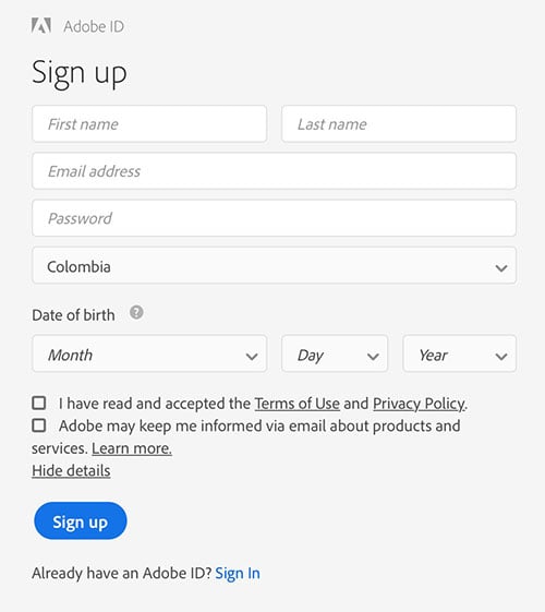Adobe ID Sign-up form with checkboxes for clickwrap consent for Terms of Use, Privacy Policy and email