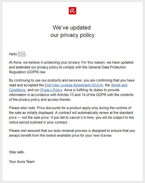 Avira GDPR Privacy Policy update notification email
