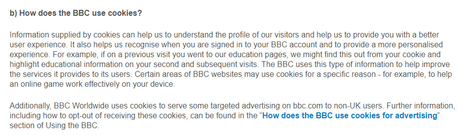 BBC Privacy Policy: How does the BBC use cookies clause mentioning targeted advertising