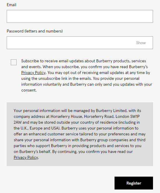 Burberryâ€™s account register form with checkbox consent for email subscribe