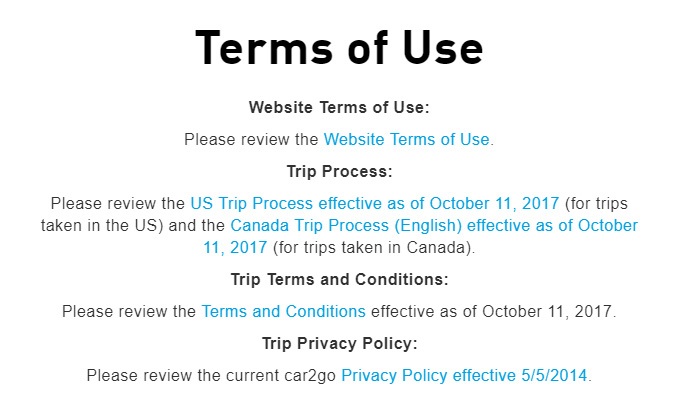 Car2Go Terms of Use main menu and links list