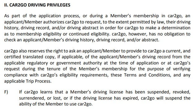 Car2Go Trip Terms and Conditions: Driving Privileges clause intro