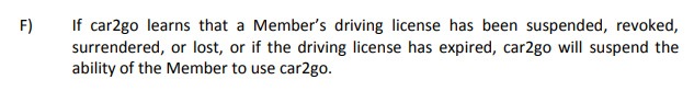 Car2Go Trip Terms and Conditions: Driving Privileges: Suspended, revoked or lost licenses section