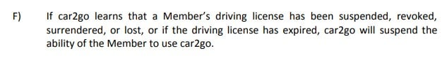 Car2Go Trip Terms and Conditions: Driving Privileges: Suspended, revoked or lost licenses section