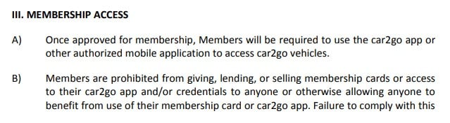 Car2Go Trip Terms and Conditions: Membership Access clause