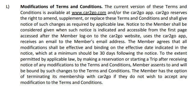 Car2Go Trip Terms and Conditions: Modifications of Terms and Conditions clause
