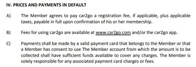 Car2Go Trip Terms and Conditions: Prices and Payments in Default clause