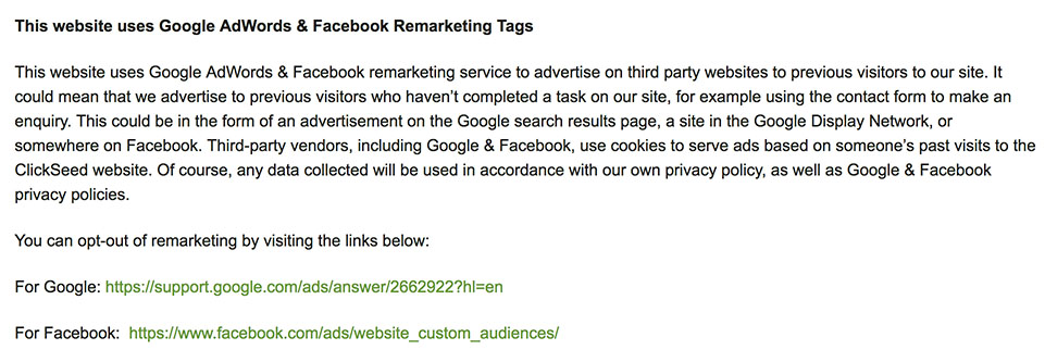 Clickseed Privacy Policy: This website uses Google AdWords and Facebook Remarketing Tags clause