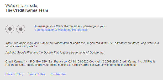 Credit Karma email footer screenshot with unsubscribe and communication preferences links